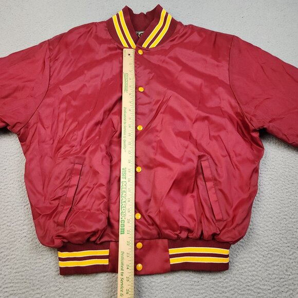 Vintage Satin Bomber Jacket 2XL Lined Blank Red Yellow Snap Button Front 90s USA - Picture 3 of 9